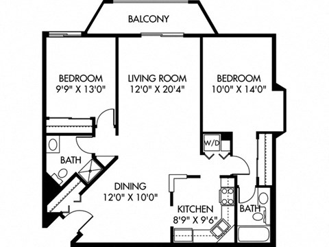 Floor plan for 2 beds, 2 baths, 1034 sqft
